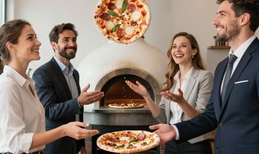 A chef preparing gourmet food in a mobile oven at a lively wedding reception.