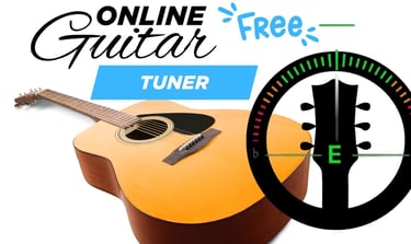 Free online guitar tuner tool showing an acoustic guitar and a digital tuning interface.
