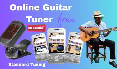 A man playing acoustic guitar next to mobile phones displaying a free online guitar tuner app.