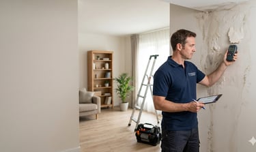 Profesional revisando pared con humedad por filtración para localizar la entrada de agua