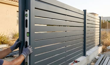 Comprobación de nivel durante la instalación profesional de un cerramiento metálico perimetral