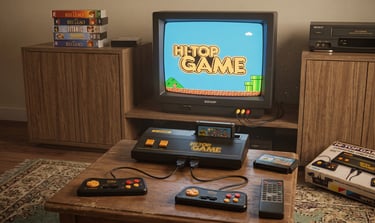Vintage Hi-Top Game console connected to a retro CRT TV with VHS tapes in a nostalgic living room.