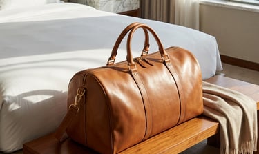 A brown leather duffle bag sits on a wooden bench in a luxury hotel room next to dress shoes.