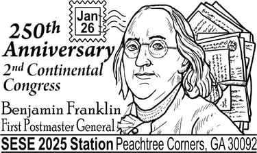 Show cancel illustration celebrating anniversary of 2nd Continental Congress, picturing Ben Franklin