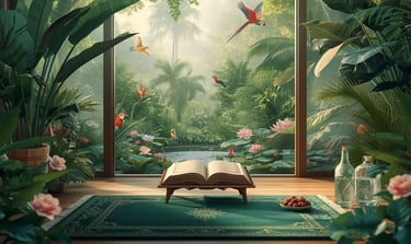 Open Quran on green prayer rug in lush tropical garden with roses, lotus, palm trees and colorful macaw parrots