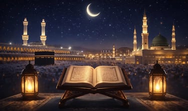 Open Quran on a wooden stand between Mecca Kaaba and Medina mosque under a starry Ramadan night sky the last ten nights.