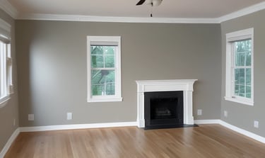A cozy living room with freshly painted soft blue walls and white trim, sunlight streaming through the windows.