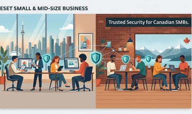 ESET security for Canadian SMBs: Toronto design agency and Vancouver tech cafe protected by blue shields.