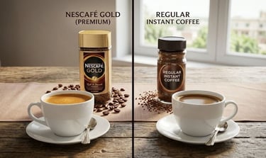 Nescafé Gold compared with regular instant coffee in two coffee cups