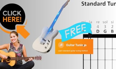 A woman playing an acoustic guitar next to a standard guitar tuning chart and a blue electric guitar.