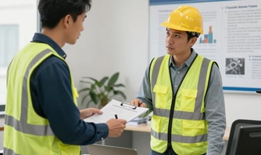 Construction workers planning content on digital tablets amidst heavy machinery and scaffolding.