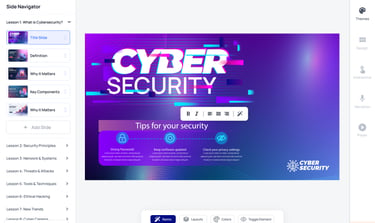 A cybersecurity educational slide showing tips for strong passwords and software updates.