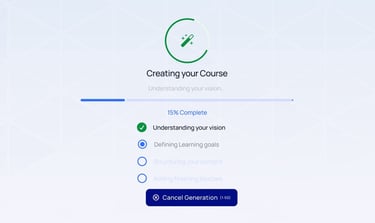 Progress bar showing fifteen percent completion for an AI online course creation tool.