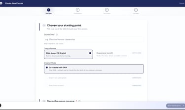 User interface for an online course creator platform showing options to start with GAIA AI or templates.
