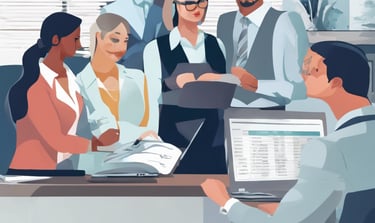 Business team illustration in blue and green colours.