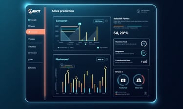 "AI-powered sales prediction dashboard showing revenue forecast, KPIs, and monthly performance trend