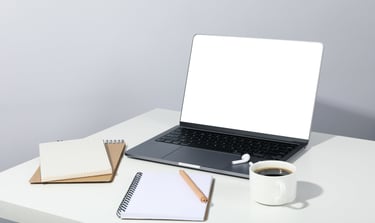 Tidy workspace with laptop and planner — lifestyle support provided by simplelilac organizers