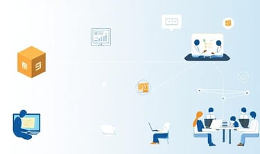 Imagine icons representing software boxes, people working on laptops, and groups of connected users.