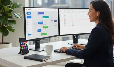 Person creating chatbot on computer with drag-and-drop interface