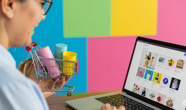 A person shopping on the laptop while holding a shopping cart on their hand