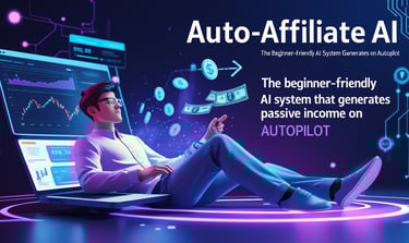 a man sitting close to a laptop computer with a text Auto-Affiliate AI