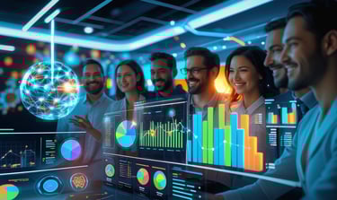 a group of people standing around a computer screen with chart, graphs with data