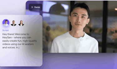 a man in a white shirt and a video script of HeyGen AI video demo