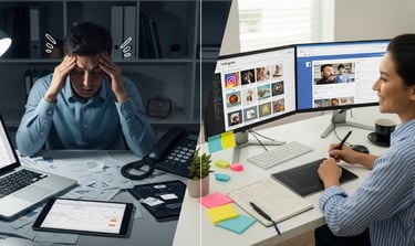 A split screen showing a stressed business owner on the left and a calm virtual assistant on the rig