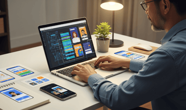 Man working on a no-code app on a laptop.