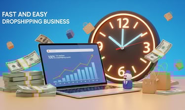 Laptop with money, clock, and graphs representing fast dropshipping business launch.