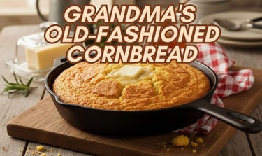 a skillet with a buttered cornbread in the middle of it