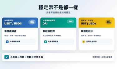 穩定幣類型比較圖,說明法幣質押型、加密資產抵押型、演算法與合成型穩定幣的支撐來源與新手風險重點