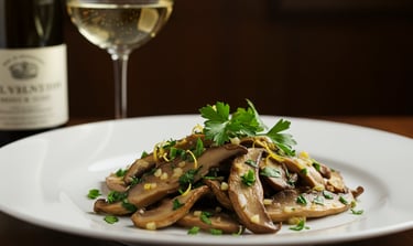 a plate of mushrooms and a glass of wine