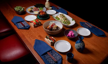 Temaki Sushi Platter, Japanese Sake, and Braised Pork Belly
