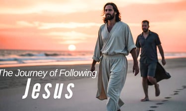 Jesus walking down a beach with a man following him.