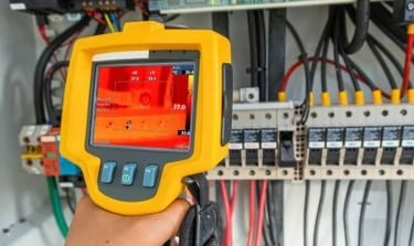 Man holding a thermal imaging camera up to an electrical panel