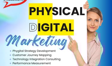 a woman holding a sign that says physical digital marketing