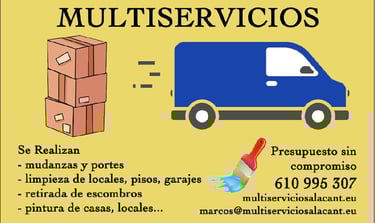 Paquetes en la calles, furgoneta en marcha y brocha. marcos@multiserviciosalacant.eu