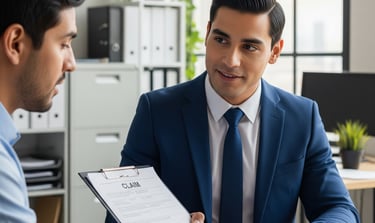 Se observa a un asesor de seguros acompañando a un cliente en la reclamación de beneficios