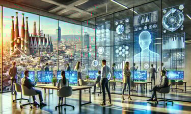 a group of people sitting at a table with computers