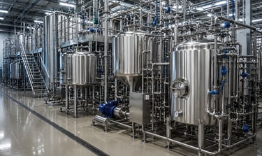 Industrial stainless steel fruit tanks and piping system in a modern beverage production facility.