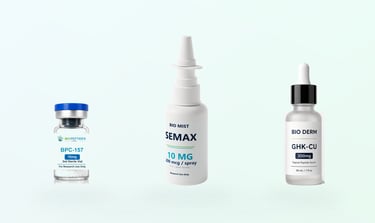 Bio Peptides Labs product lineup with research vial, Bio Mist spray, and Bio Derm dropper bottle