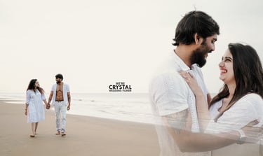 couples walking on beach in white costumes on their pre wedding photography