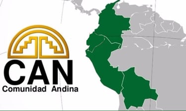Comunidad Andina CAN logo and map showing member countries Colombia, Ecuador, Peru, and Bolivia.
