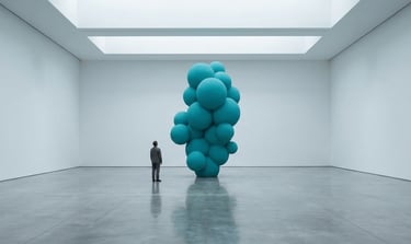 Sculpture Agathe turquoise monumentale dans espace d'exposition, murs blancs, spectateur minuscule devant la sculpture