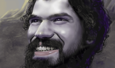 Digital painting of a smiling man with curly dark hair and a thick beard in a fantasy art style.