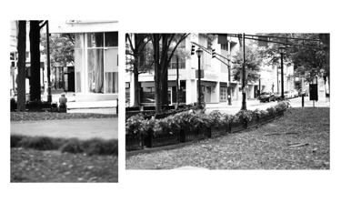 Black and white street photography of a city park and buildings with a person sitting on a bench.
