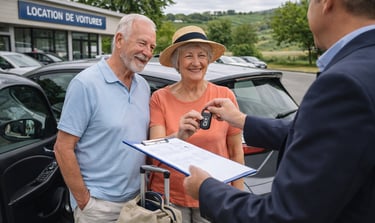 Smiling senior couple receiving car keys from a rental agent at a car hire location.