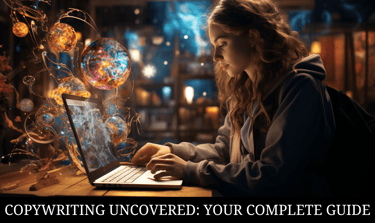 copywriter working on a laptop, coloured bubbles exiting the screen, representing creativity