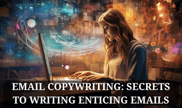 a woman in an office writing emails on a laptop, surreal background